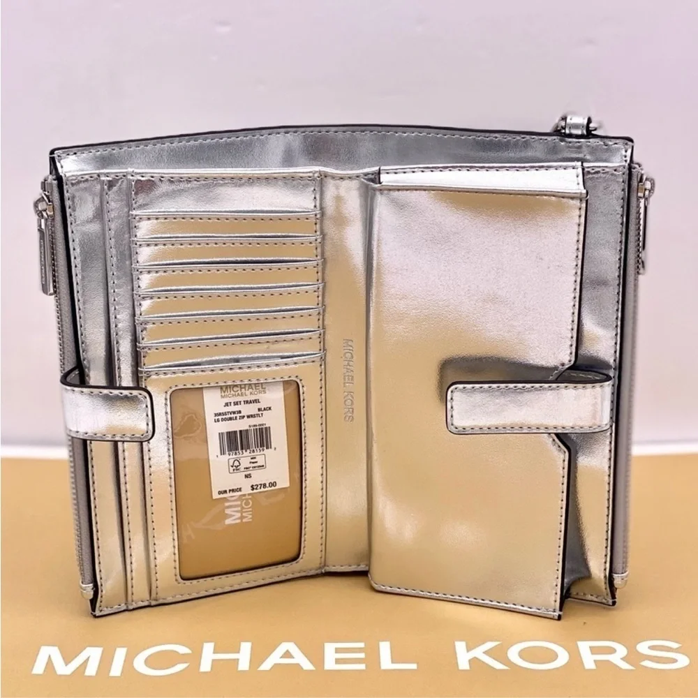 New Michael Kors Jet Set Travel Large Embellished Logo Wristlet Black